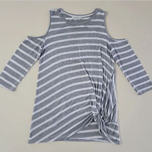 Twenty Ten Women's Gray Stripe Cold Shoulder Pullover Knotted Tunic Top